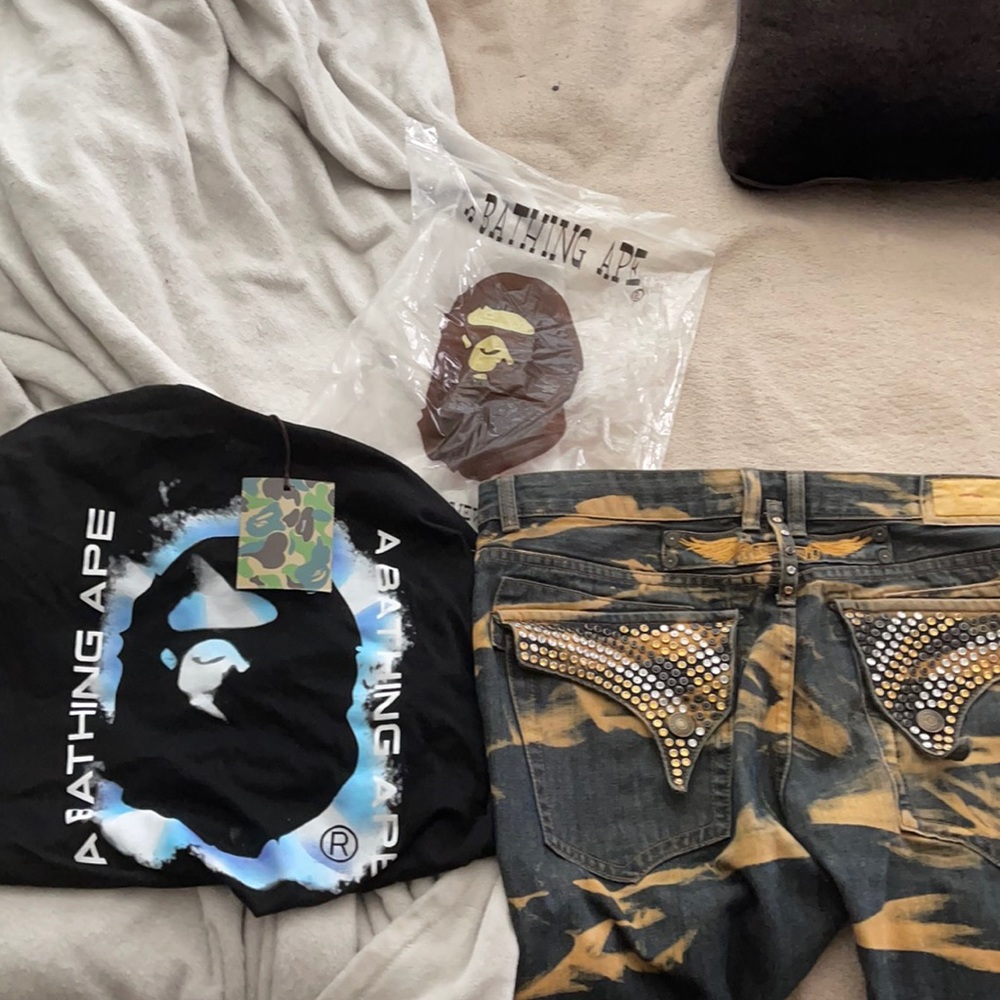Robin Jeans and bape shirt